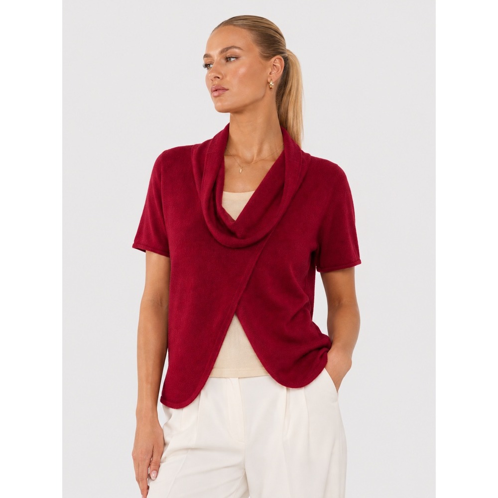 Subtle Luxury 100% Cashmere Sweater Top Cowl Neck Short Sleeve Burgundy Red S